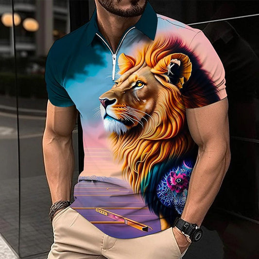 Polo para hombre con cremallera y atractivo estampado de leones en varios colores