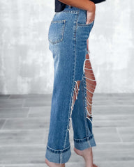 Big Ripped Jeans Pantalones rectos de mujer con adornos de cadenas
