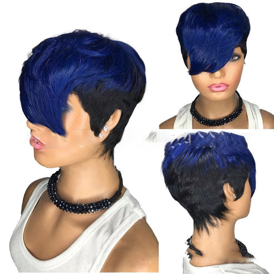 Pelucas cortas y rectas de Color azul con ondas ombré, con corte Pixie, sin pegamento, sin cordones, 100 pelucas de cabello humano Remy
