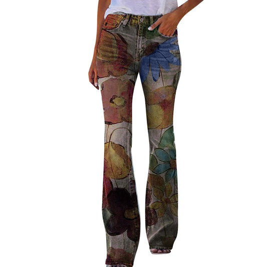Pantalones casual para mujer en tallas grandes, pantalones slim fit con estampado floral