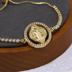 Pulsera push-pull de circón con incrustaciones de cobre de la Virgen María redonda religiosa retro