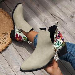 Botines con estampado floral, zapatos de moda con tacón cuadrado en V y cremallera lateral, botines de mujer con puntera en punta