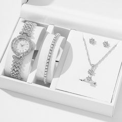 Completa tu look con brillo: Juego de 5 piezas de pulsera de diamantes, collar, anillo, reloj y conjunto de joyas de strass