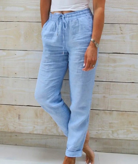 Algodón Y Lino Pantalones informales de algodón y lino para mujer, cintura alta, cintura elástica, color liso