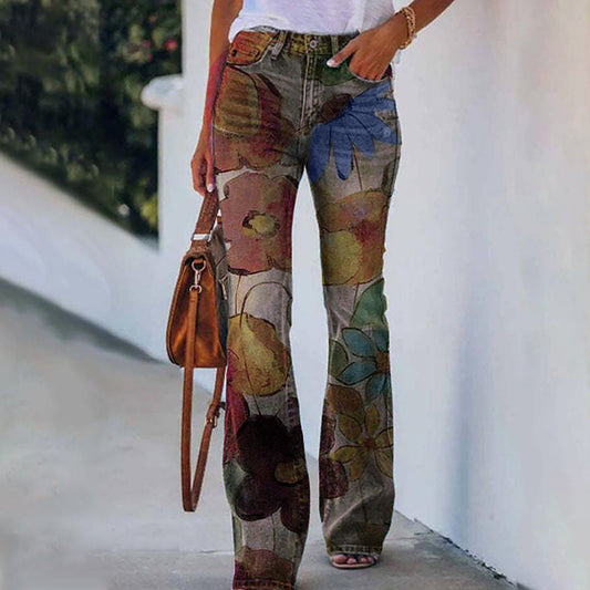Pantalones casual para mujer en tallas grandes, pantalones slim fit con estampado floral