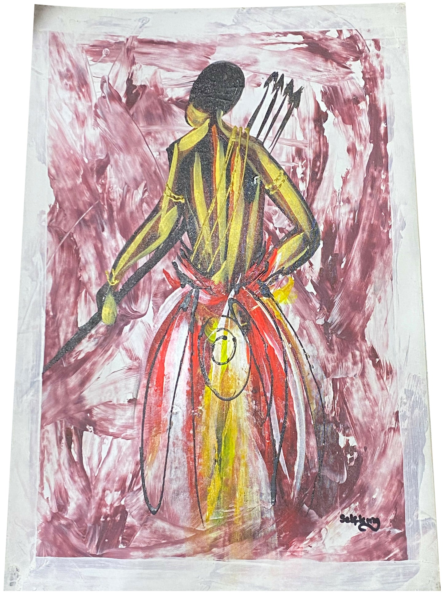 "The Hunter’s Pause/ Stehende Figur mit Pfeilen" Handgemaltes Acrylbild aus Ghana (50 × 69 cm)