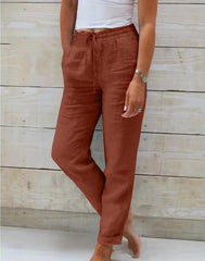 Algodón Y Lino Pantalones informales de algodón y lino para mujer, cintura alta, cintura elástica, color liso