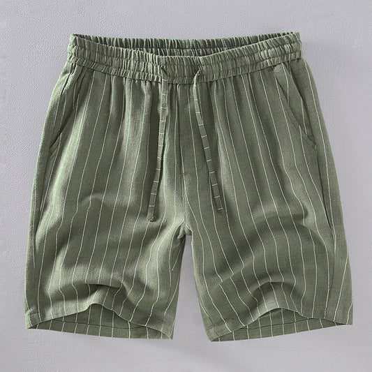 Shorts de lino de rayas verticales teñidos en hilo para hombre, en blanco, gris, negro, verde militar, caqui