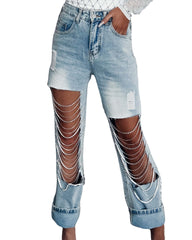 Big Ripped Jeans Pantalones rectos de mujer con adornos de cadenas