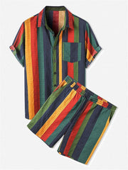 Conjunto de pantalones cortos de manga corta a rayas de color hawaiano de playa para hombre