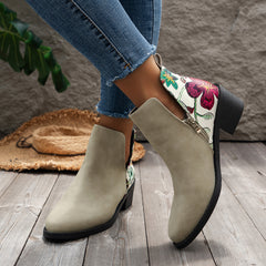 Botines con estampado floral, zapatos de moda con tacón cuadrado en V y cremallera lateral, botines de mujer con puntera en punta
