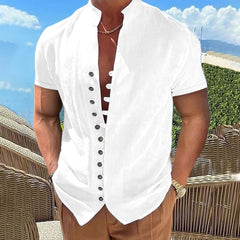 Camisa de manga corta con cuello de lino y algodón vintage para hombre
