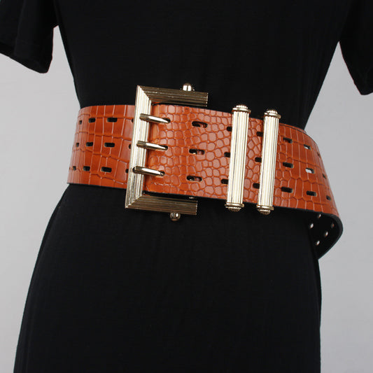 Cinturón de cuero - Retro tres hebilla traje cinturón serpiente patrón