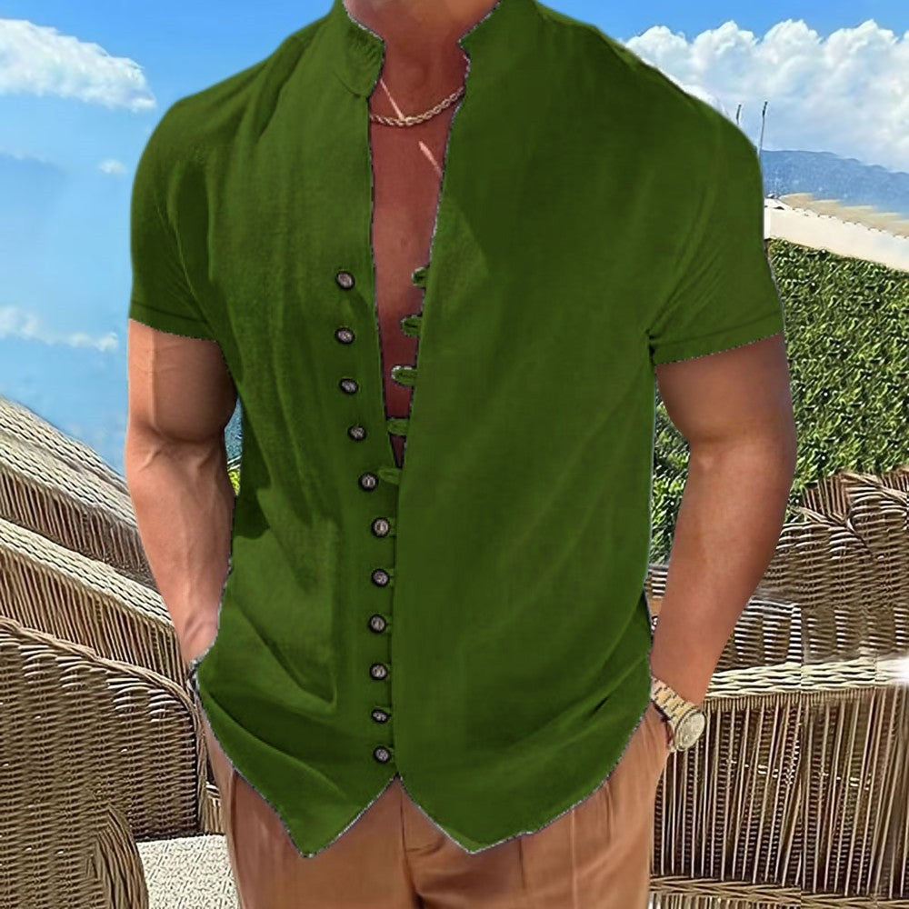 Camisa de manga corta con cuello de lino y algodón vintage para hombre