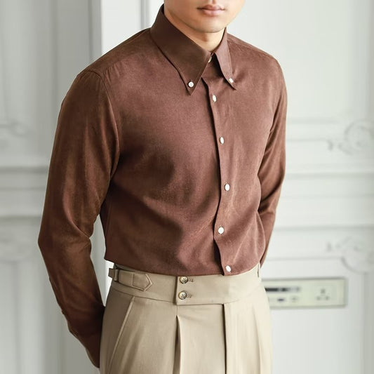 Camisa de caballero de alta calidad con mangas largas en blanco y marrón