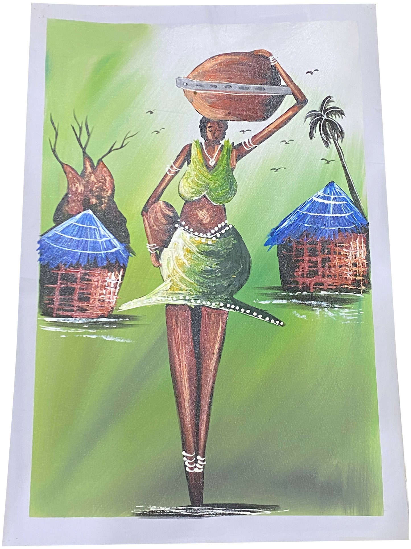 "Carrying the Day/ Frau mit Gefäß im Dorf" Handgemaltes Acrylbild aus Ghana (50 × 69 cm)