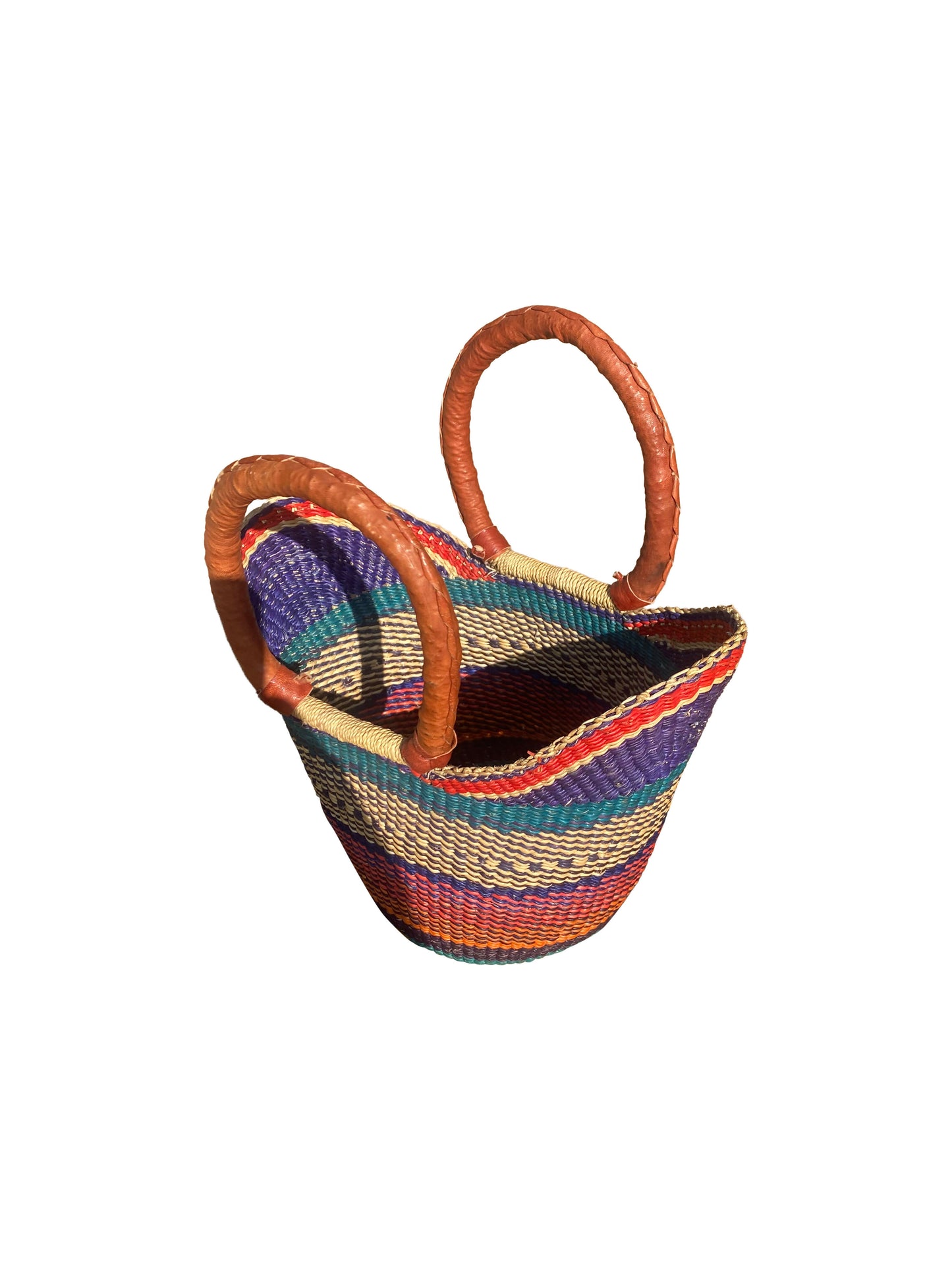 Savanna Glow“– Bunter Korb aus Elefantengras & Ziegenleder echte Handarbeit (33×30×15 cm)