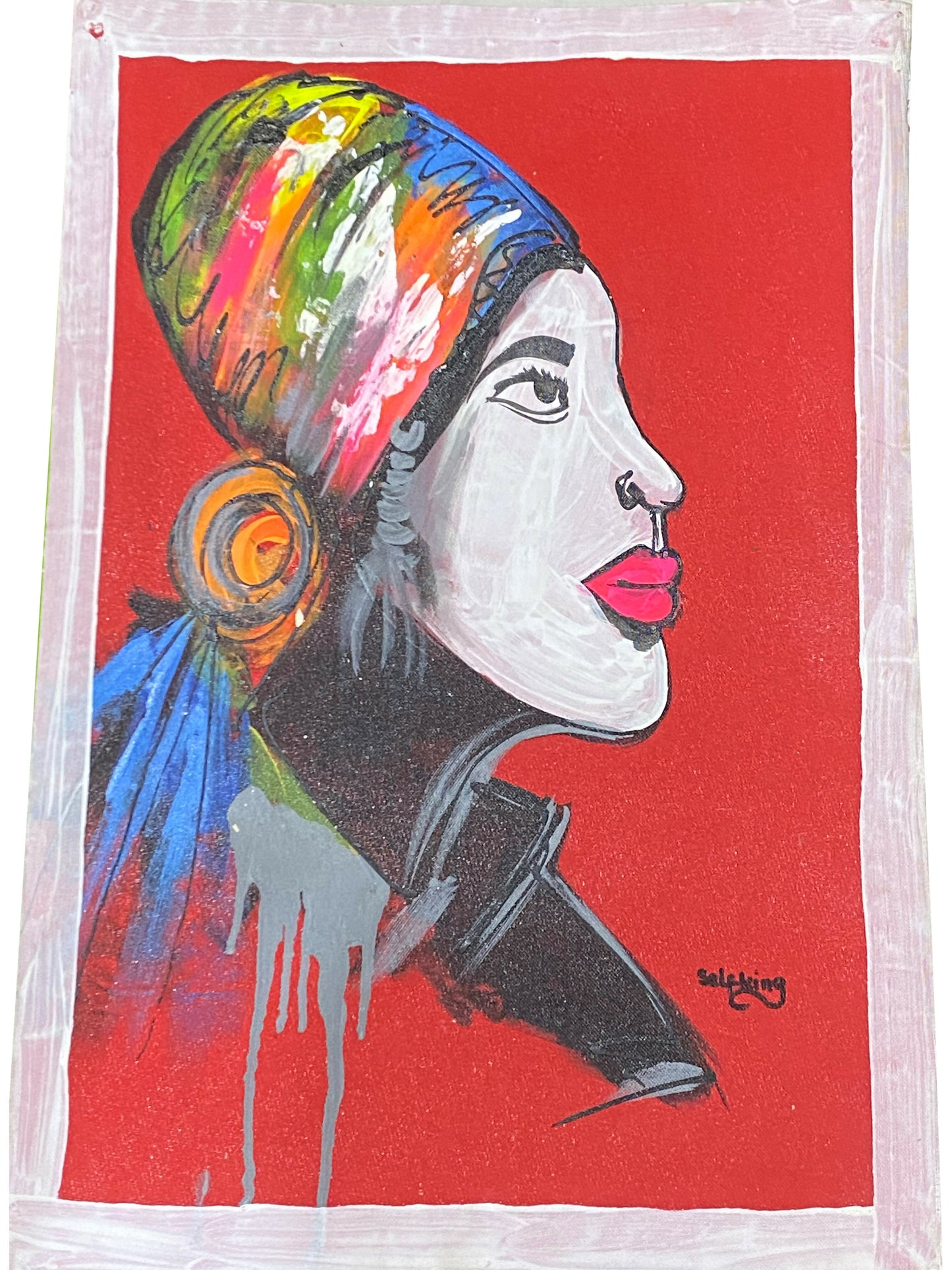 "Red Elegance/ Halbporträt einer afrikanischen Frau" Handgemalte Acrylkunst aus Ghana (50×69 cm)