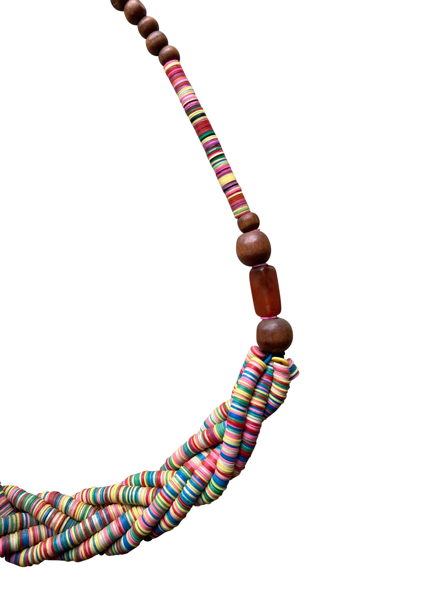 African design necklace made from recycled glass beads and wood