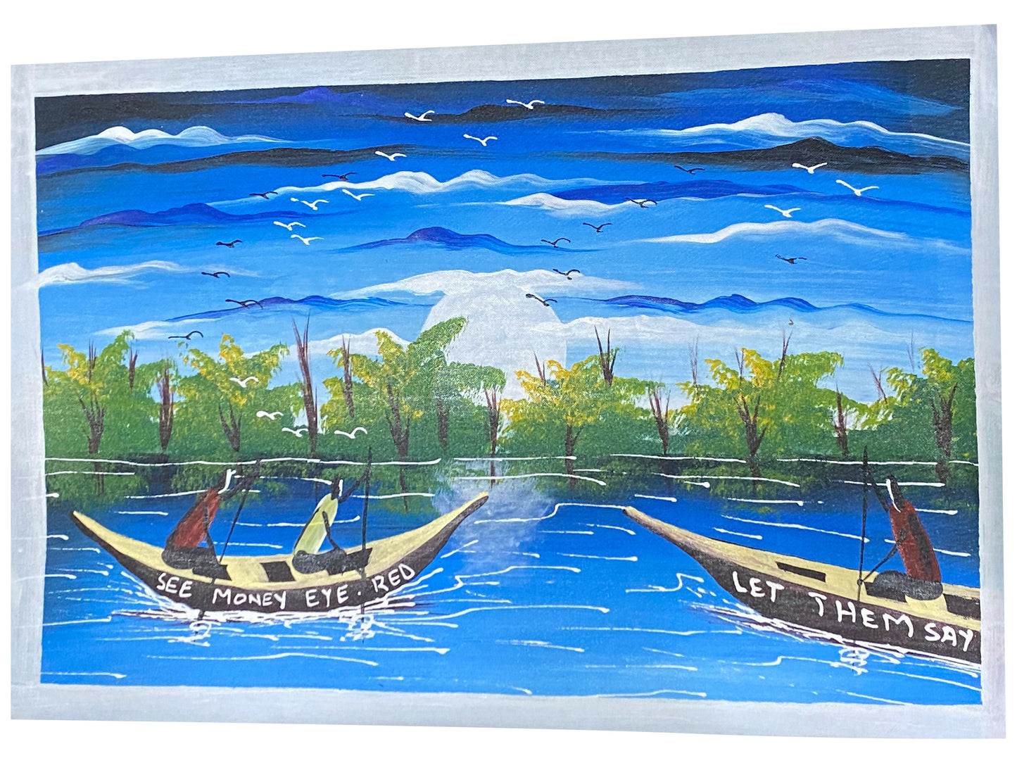 "Messages Along the River/ Worte auf dem Wasser" Handgemaltes Acrylbild aus Ghana (50 × 69 cm)