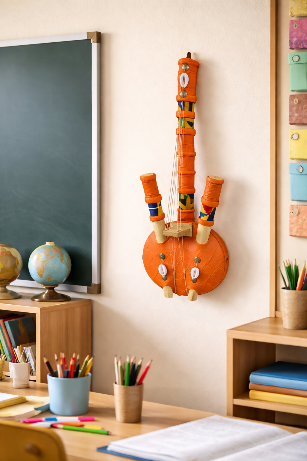 "Orange Resonance" Handgefertigtes westafrikanisches Saiteninstrument aus Ghana