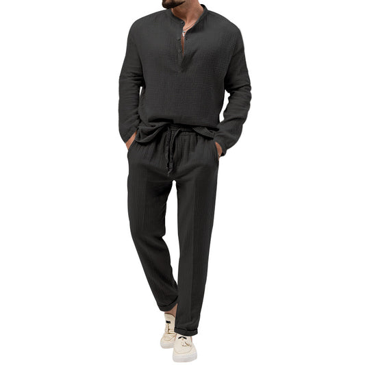 Traje casual de camisa y pantalón de manga larga de color sólido para hombre, Muy alta calidad