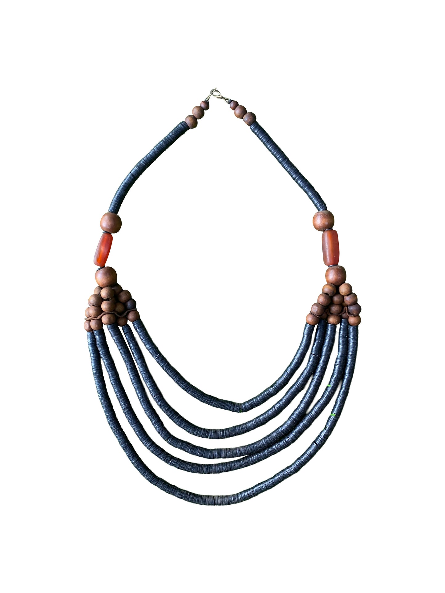 "African Layer Necklace" 5-strand made of Coffy Beads, wood and Agad