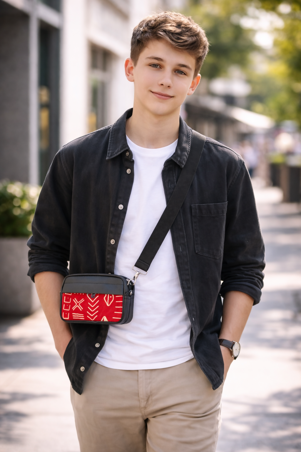 Handgefertigte Crossbody-Tasche aus Ghana Afro Muster in Rot & Naturweiß Leder & Baumwolle Unisex Schultertasche 22×14×8 cm