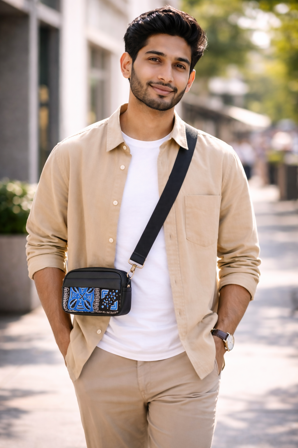 Handgefertigte Crossbody-Tasche aus Ghana Afro Muster in Blau & Schwarz mit Punktdesign Leder & Baumwolle | Unisex Schultertasche 22×14×8 cm
