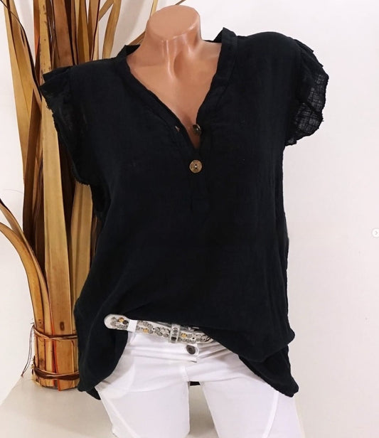 Camiseta holgada de mujer de algodón y lino de talla grande con cuello en V