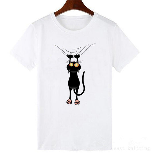 Nuevo Camiseta holgada de manga corta con estampado de pata de gato negro para