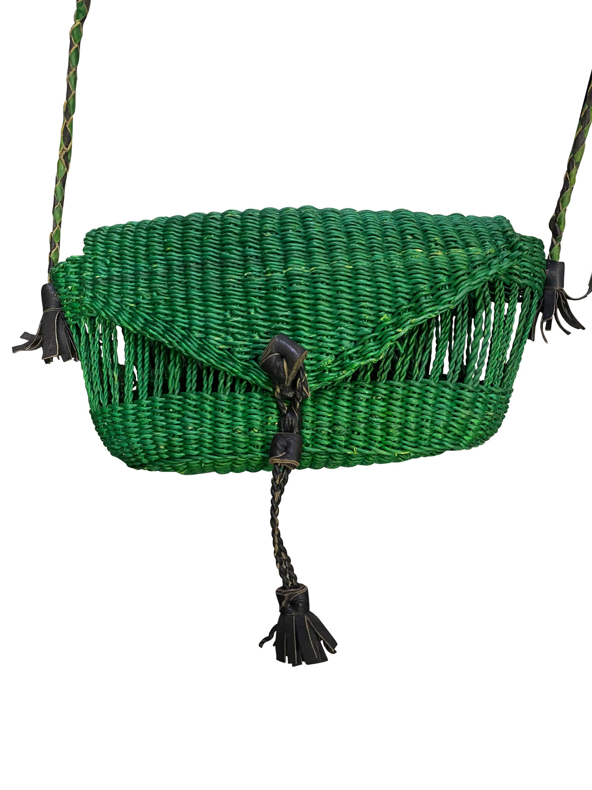 Bolga Elefantengras Umhängetasche Smaragdgrün | Handgeflochtene Designer-Crossbody mit Verschluss (27×14×8 cm)