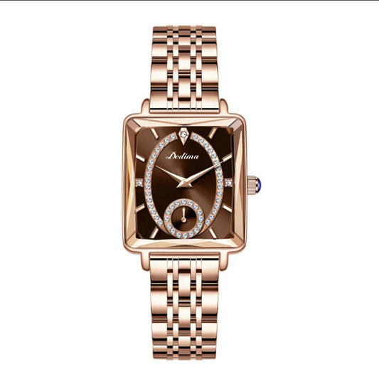 Elegancia atemporal con un toque de lujo: Medio reloj de dos clavijas con diamantes para mujer, cuadrado, de oro rosa, a la moda