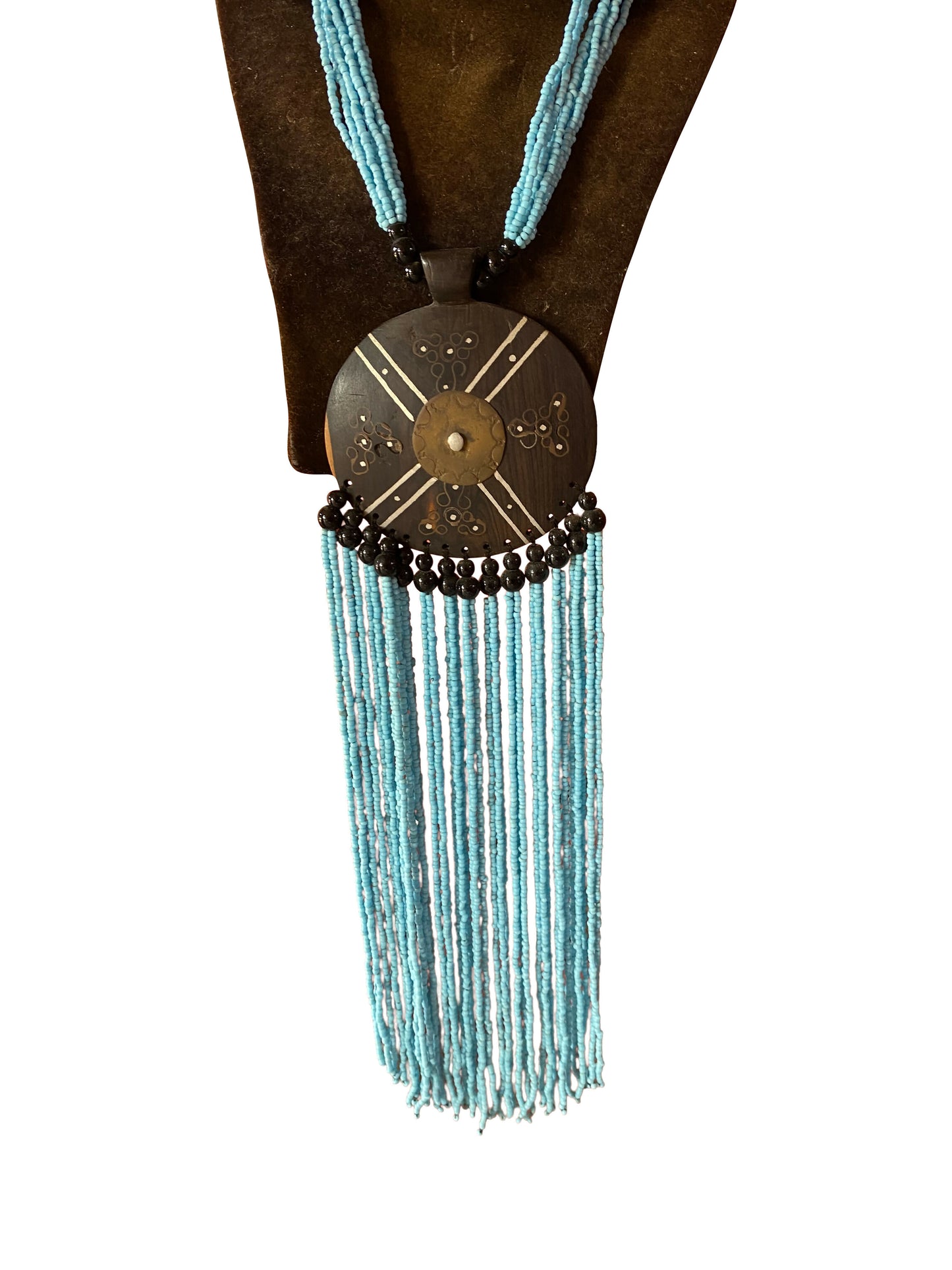 Handgefertigte Ghana-Kette mit Ebenholz-Pendant, türkisblauen Perlensträngen und Fransen