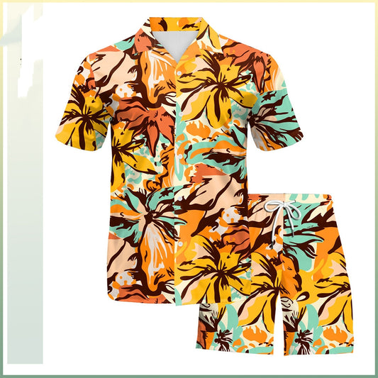 Conjunto de dos piezas de camisa y pantalones de playa para vacaciones junto al mar con estampado digital para hombre