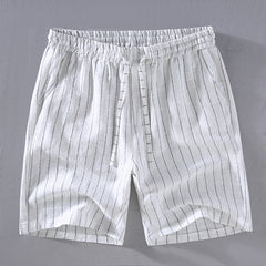 Shorts de lino de rayas verticales teñidos en hilo para hombre, en blanco, gris, negro, verde militar, caqui