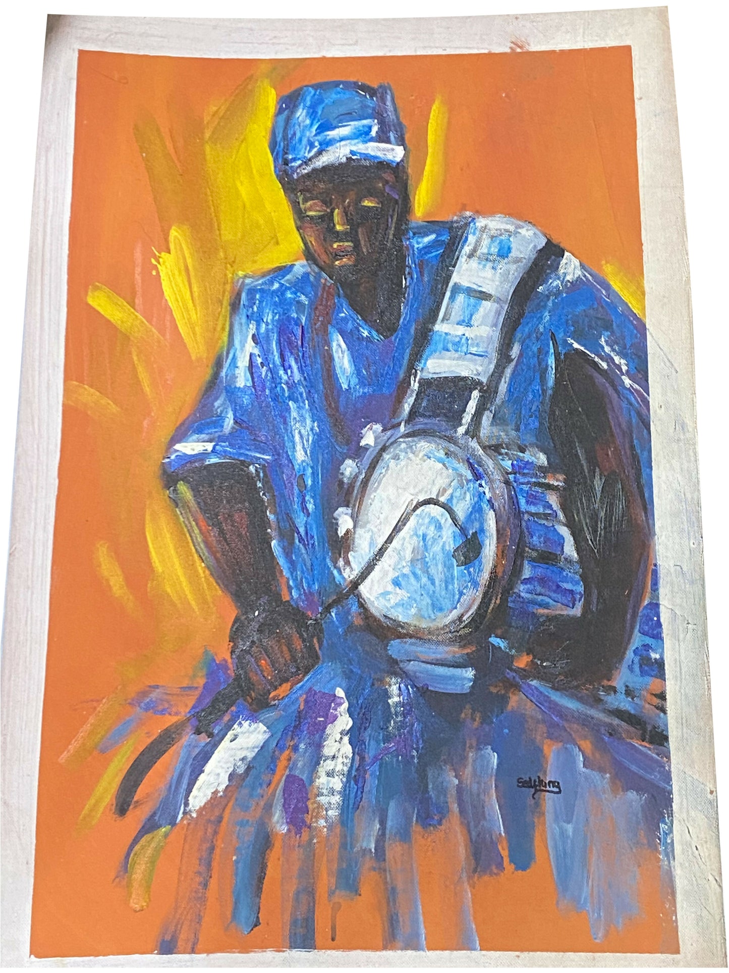 "Keeper of the Beat / Trommler in Blau" Handgemaltes Acrylbild aus Ghana (50 × 69 cm)