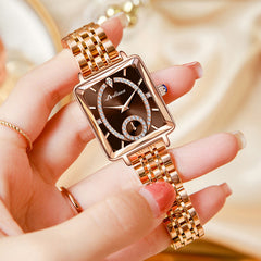 Elegancia atemporal con un toque de lujo: Medio reloj de dos clavijas con diamantes para mujer, cuadrado, de oro rosa, a la moda
