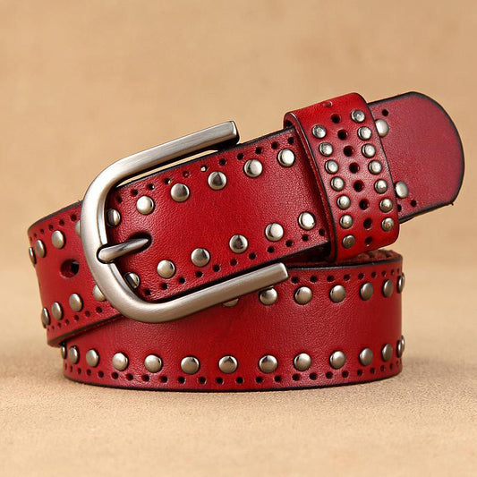 Cinturón casual decorativo con remaches sencillos en piel de vacuno de primera capa para mujer