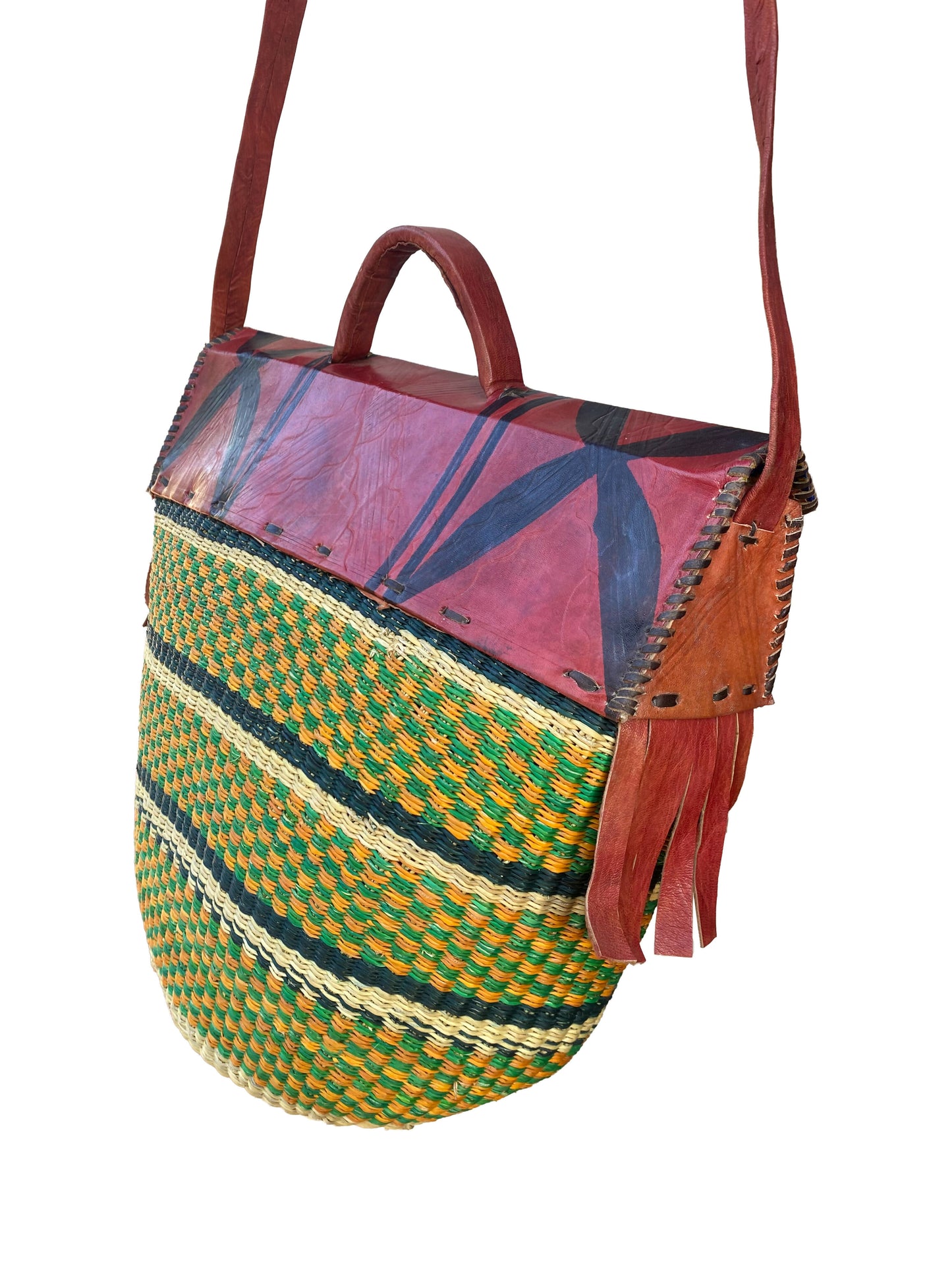 Crossbody-Tasche aus Elefantengras & Leder – Handgefertigt in Ghana (37×32×20 cm)
