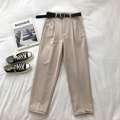 Pantalones casuales adelgazantes sueltos de color sólido de cintura alta, en gris, negro, albaricoque, café