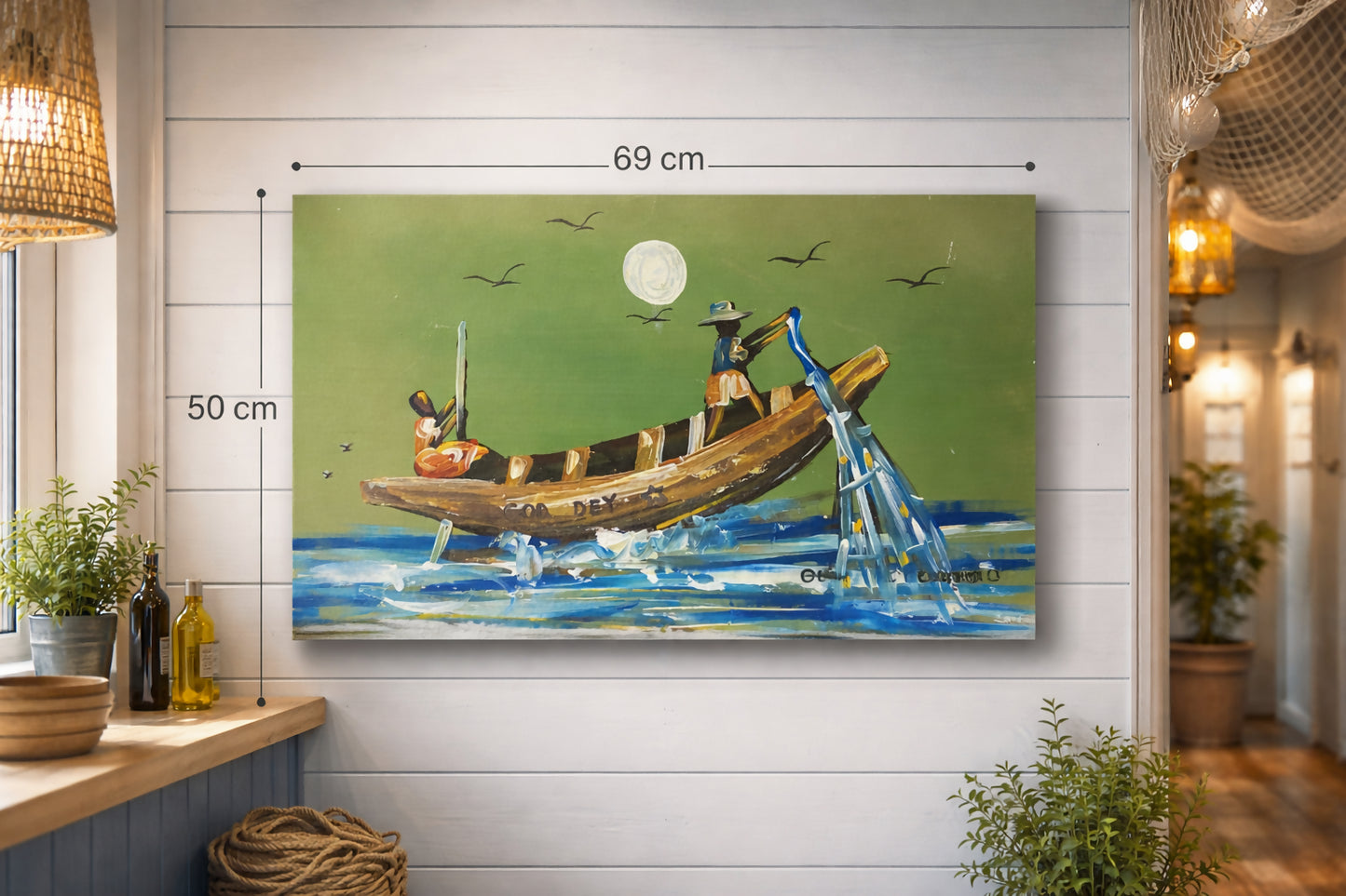 Working the Tide/ Fischer auf dem Wasser Handgemalte Acrylkunst aus Ghana (50 × 69 cm)