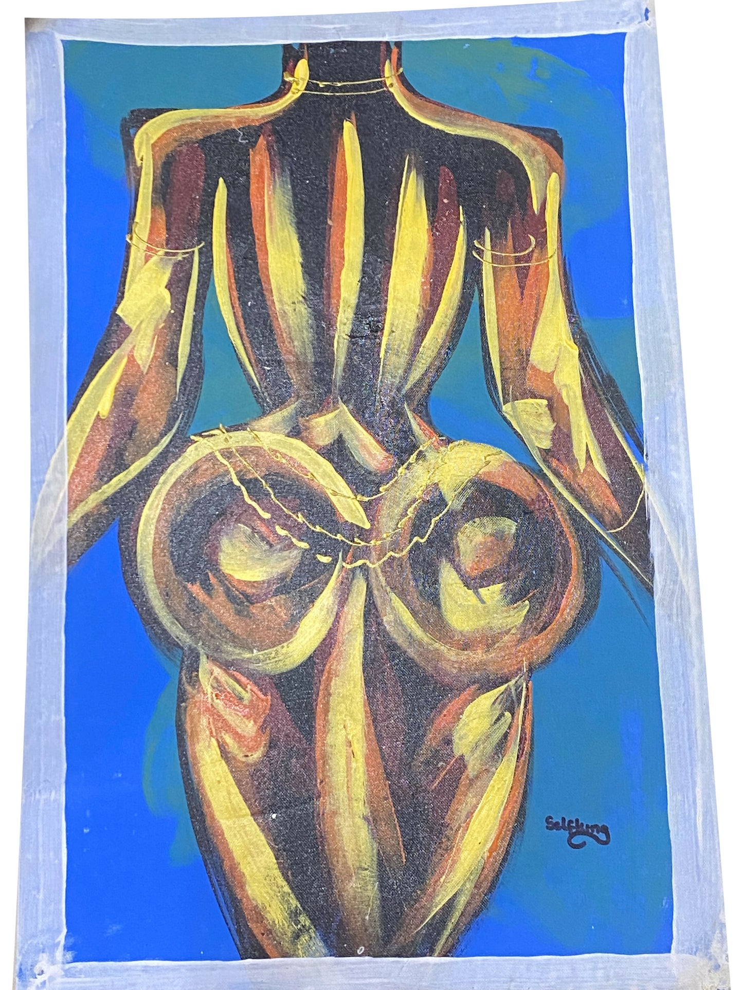 "Form and Presence/ Rückenansicht einer stehenden Frau" Handgemaltes Acrylbild aus Ghana (50 × 69 cm)
