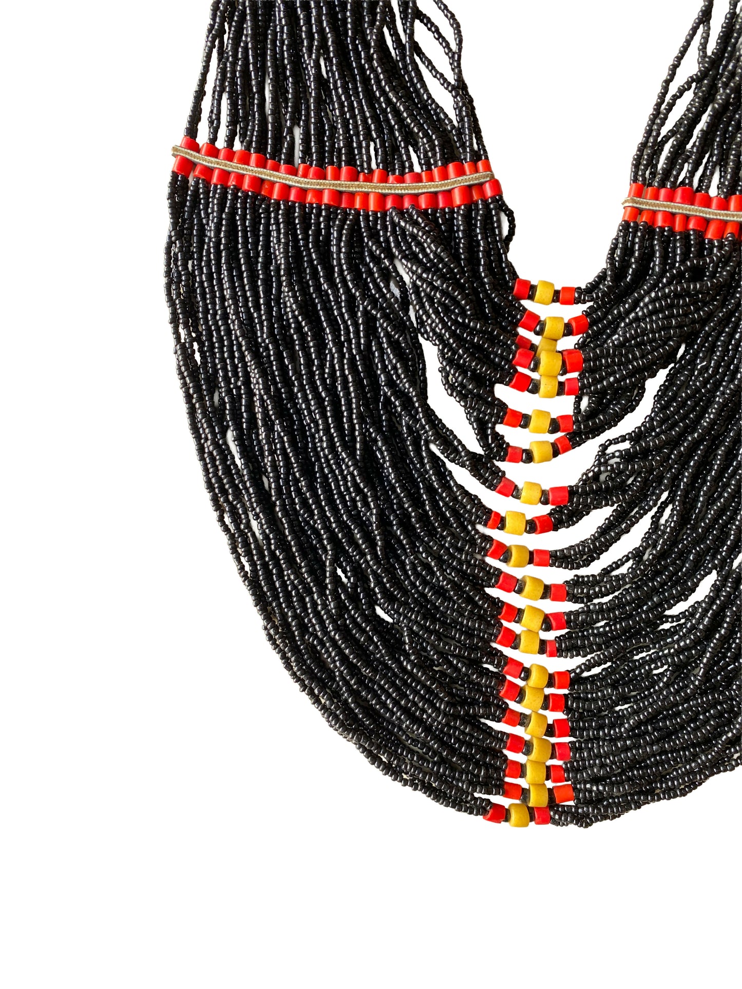 Mehrreihige Glasperlen Halskette in Schwarz mit roten und gelben Akzenten