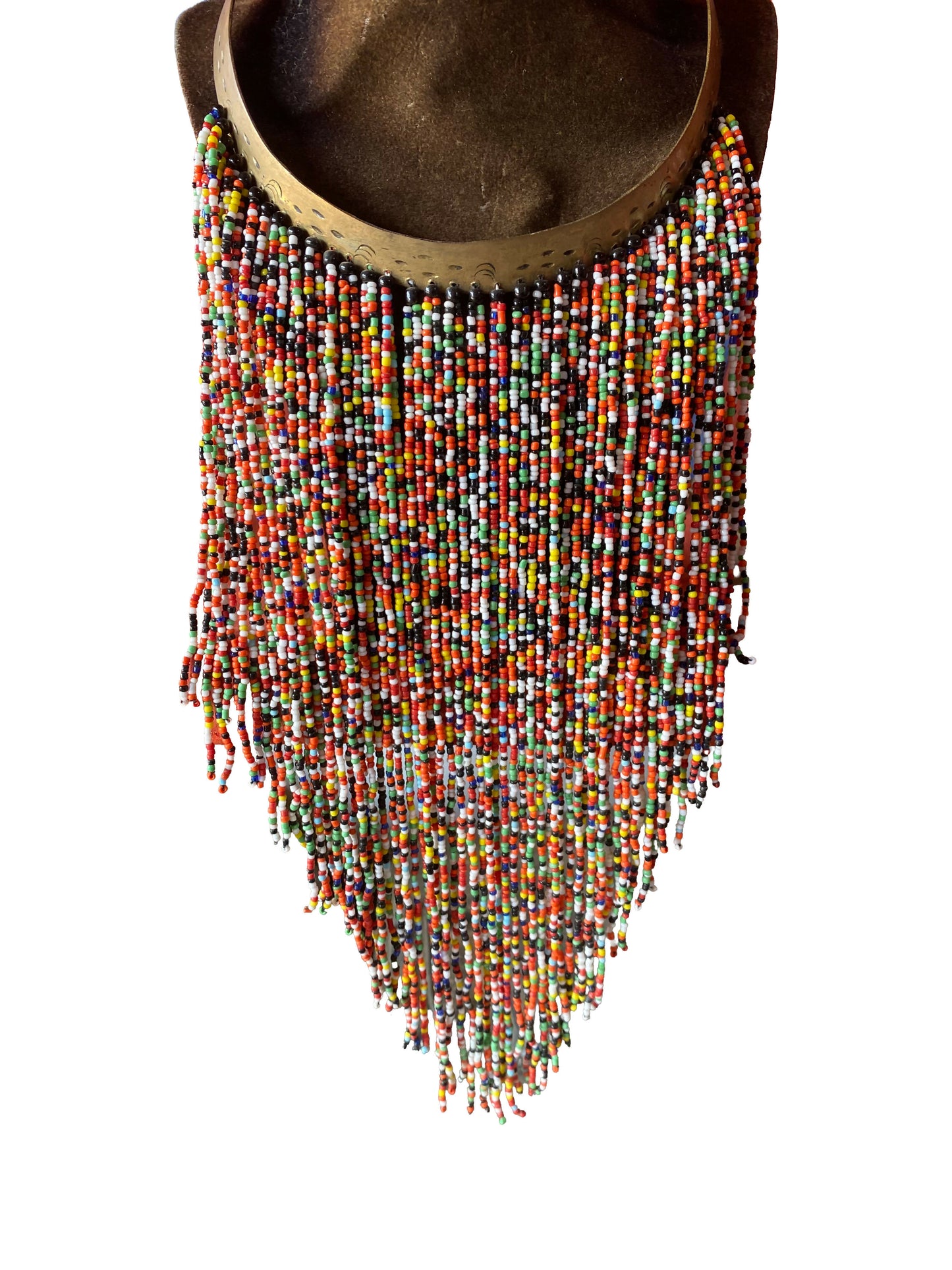 Bunte Statement-Halskette mit Messing-Ring und langer Perlenfranse