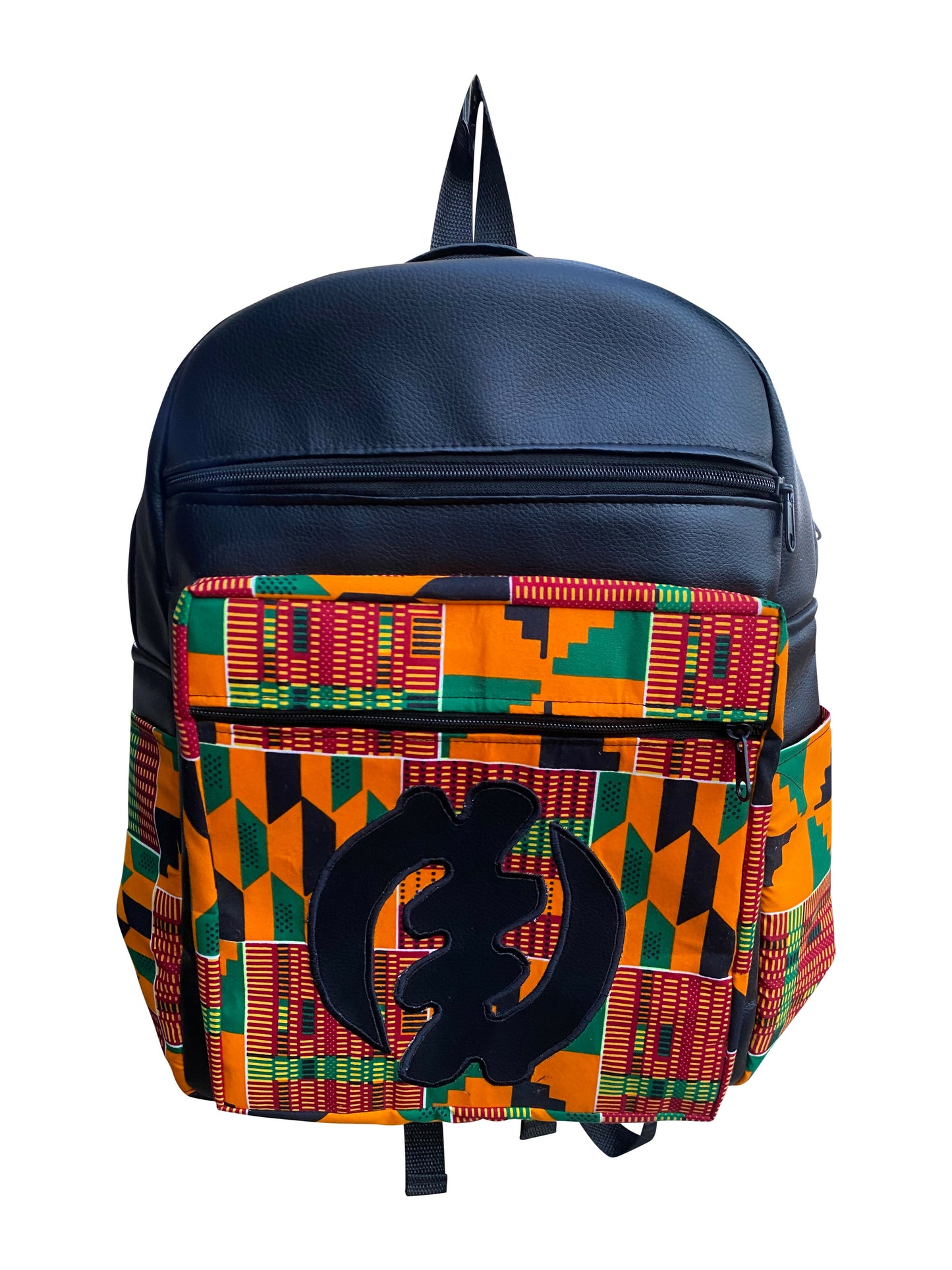 Fashion Adinkra Heritage Rucksack – Handgefertigt aus Leder & Baumwolle | 40 x 40 x 20 cm | Symbol der Stärke und Einheit