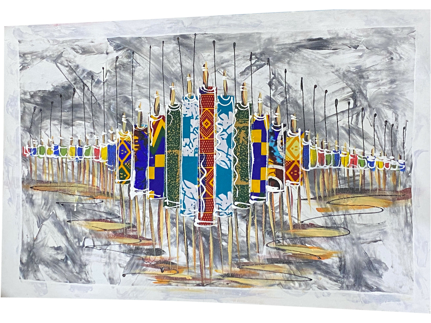"Warrior Formation/ 36 Männer mit Speeren" Handgemalte Acrylkunst aus Ghana, grauer Hintergrund (50 × 69 cm)