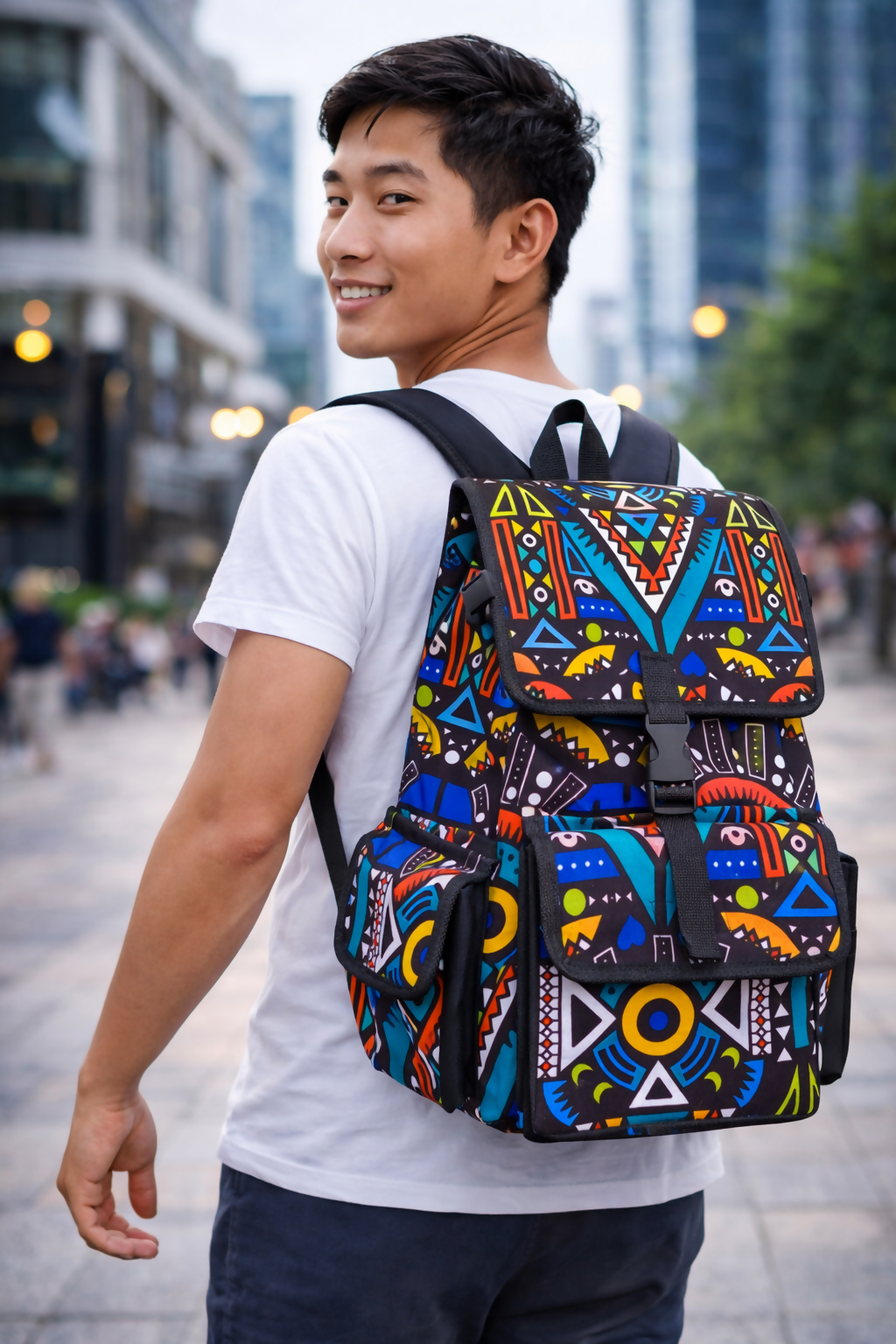 Tribal Pattern Rucksack Handarbeit aus Ghana mit farbenstarkem Design 50×33×25cm