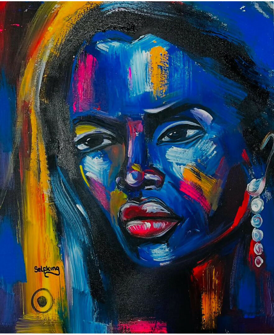 "Blue Presence/ Ausdrucksstarke Frau in kräftigen Blautönen" Handarbeit Acrylkunst aus Ghana (50×69 cm)