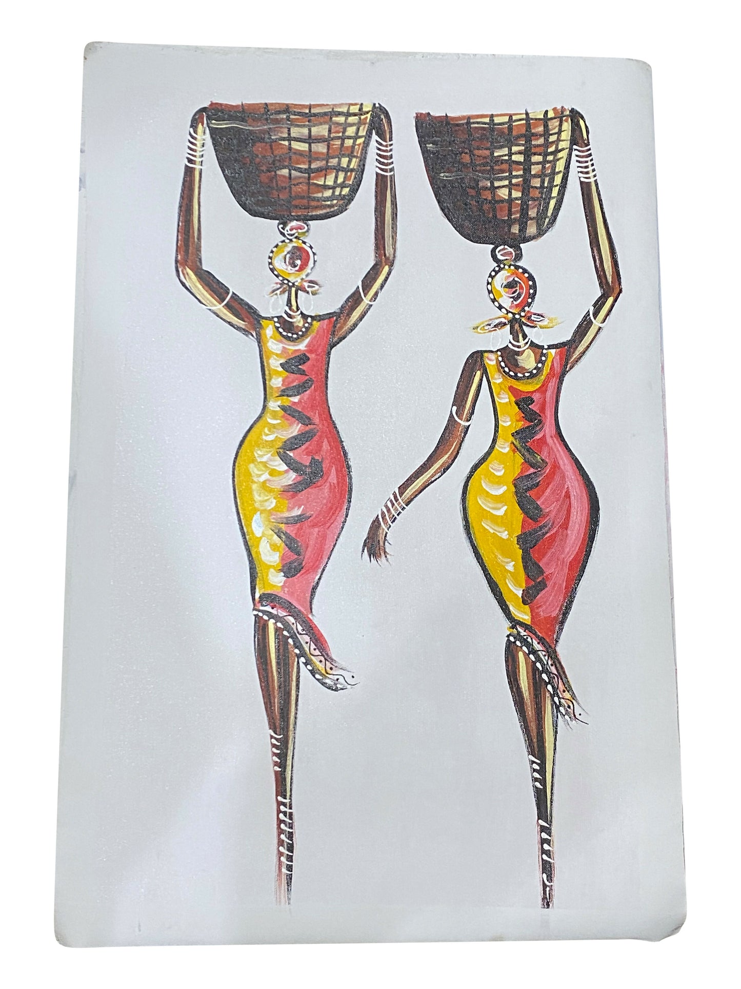 "Shared Strength / Two Women" with basket. Hand-painted acrylic art from Ghana (50 × 69 cm)